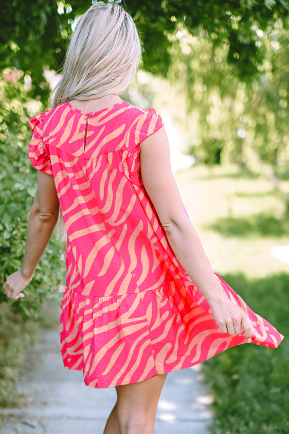 Pink Zebra Stripe Printed Ruffle Trim Pocketed Dress eAura