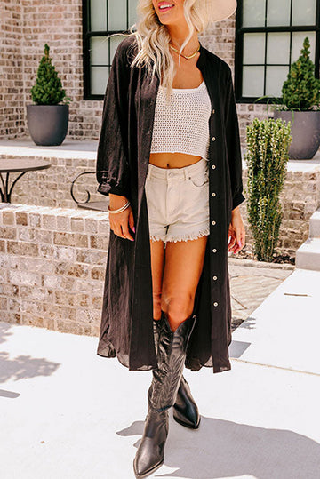 Black 3/4 Sleeve Button Up Long Kimono eAura