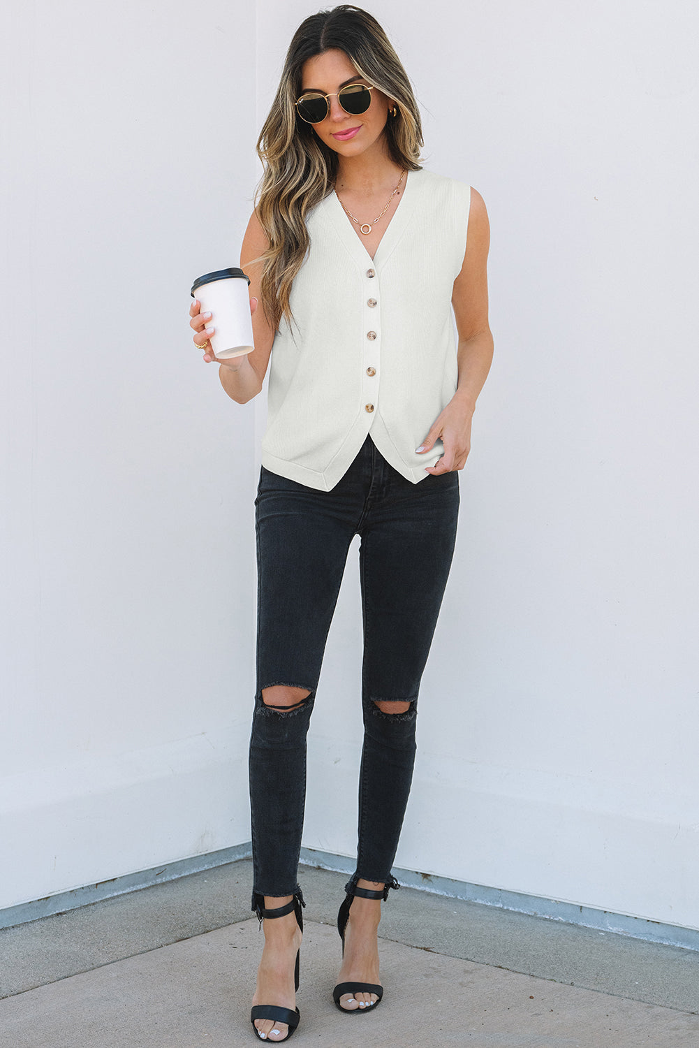 White V Neck Buttoned Sweater Vest eAura