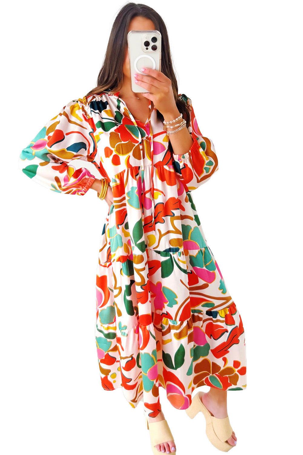 Orange Floral Print Split V Neck Tiered Maxi Dress eAura