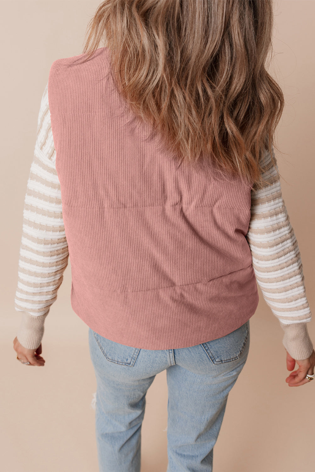 Pink Cord Stand Neck Zipped Puffer Gilet eAura