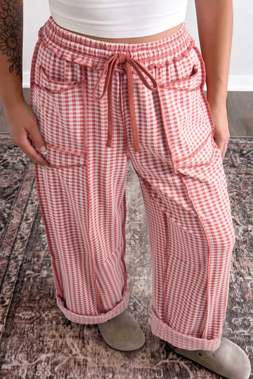 Plaid Contrast Trim Drawstring Elastic Waist Shift Pants – Green