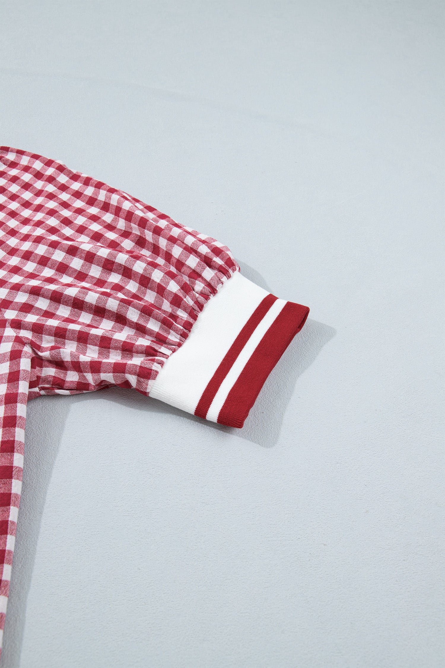 Gingham Striped Patchwork Half Zip Blouse – Red