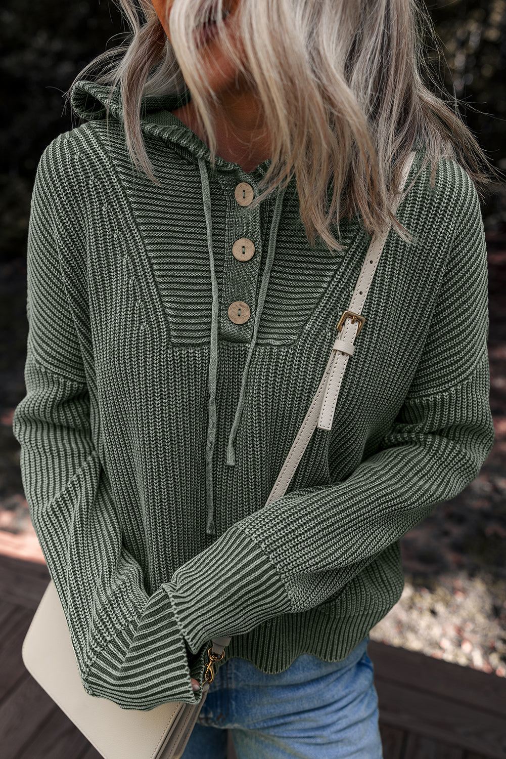 Mineral Wash Ribbed Button Drawstring Neck Hooded Sweater - eAura