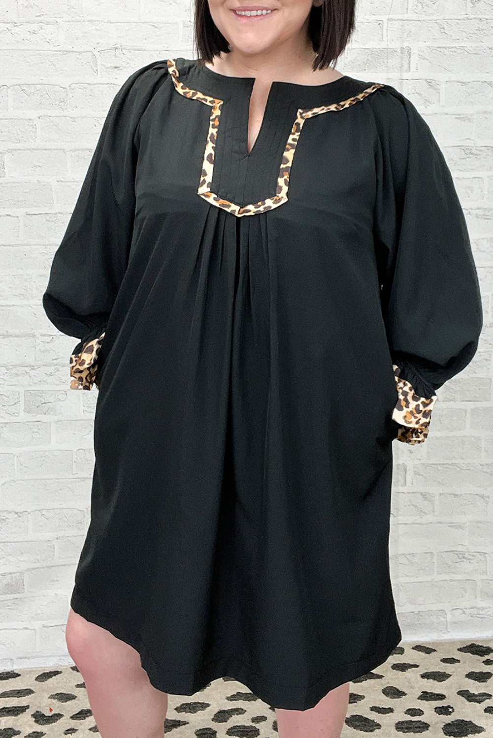 Black Plus Size Notched Neck Leopard Trim Flounce Long Sleeve Shift Dress - eAura