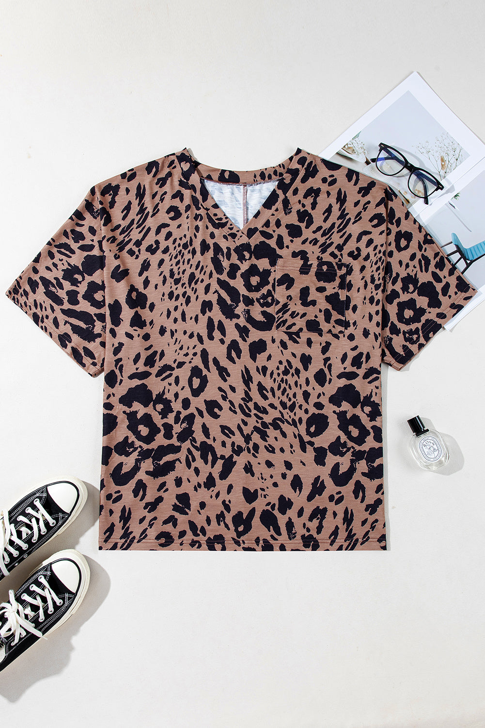 Brown Leopard Print V Neck Half Sleeve Oversized Tee eAura