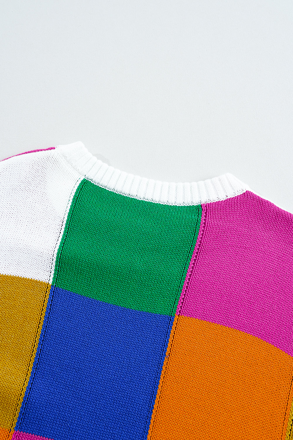 Orange Checkered Colour Block Round Neck Loose Sweater eAura