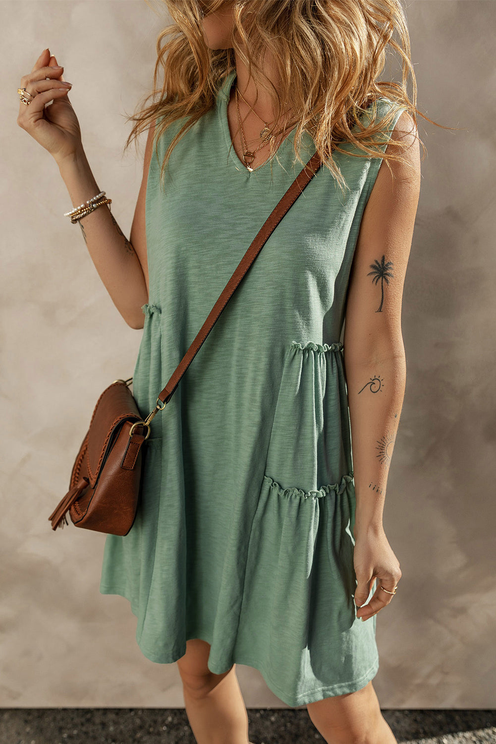 Moonlight Jade Split V Neck Tiered Flowy Sleeveless Dress BB Fashion Outlet