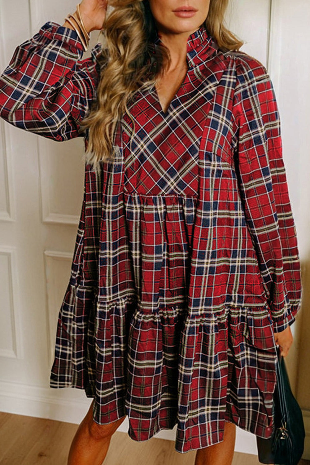 Plaid Print Frilly Collar Long Sleeve Shift Mini Dress - eAura