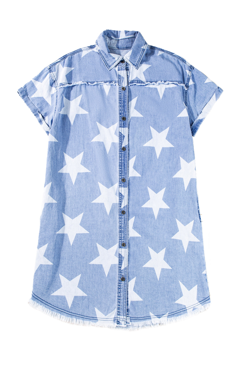 Sky Blue Stars Frayed Hem Collared Short Sleeve Denim Dress eAura