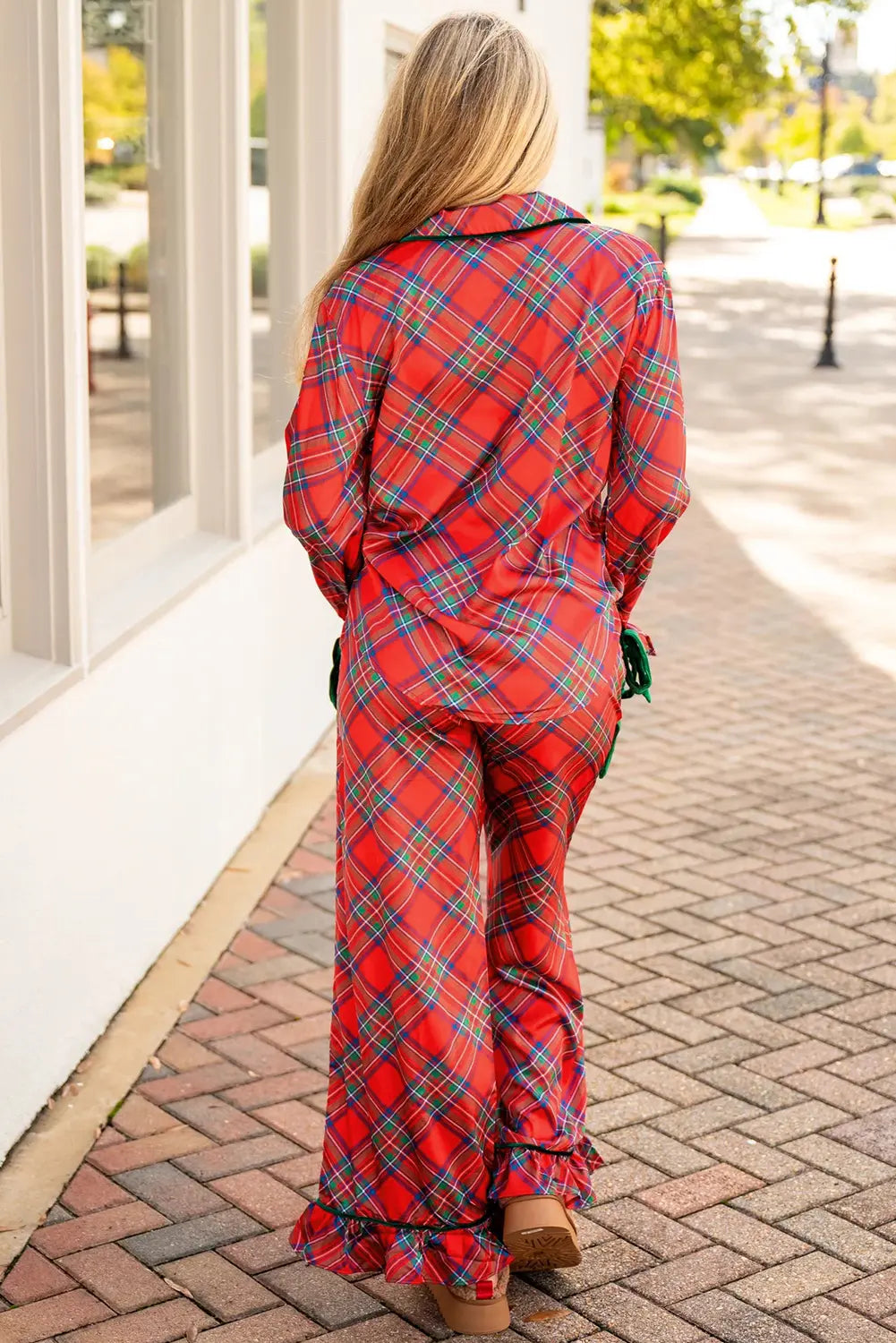 Christmas Plaid Satin Pajama Set with Contrast Velvet Ties