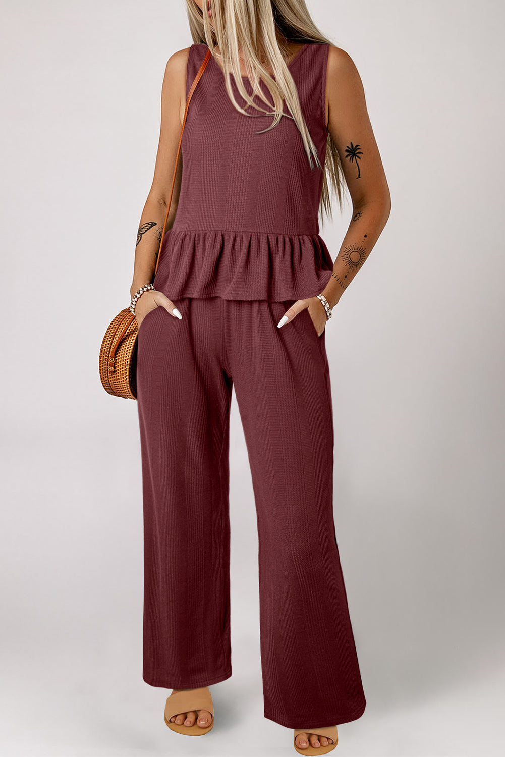 Red Dahlia Solid Colour Ribbed Ruffle Tank Top and Trousers Set eAura