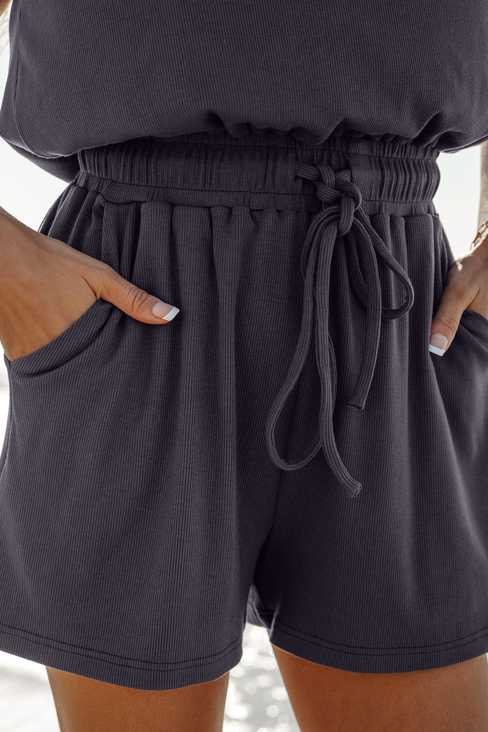Bristol Black Knit Open Back Cap Sleeve Drawstring Romper eAura