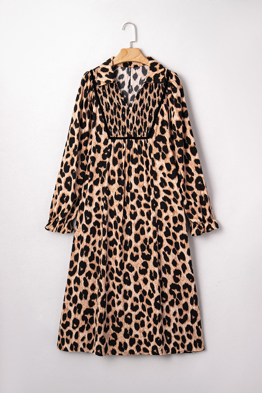 Leopard Print Smocked Detail Flowy Midi Dress - eAura