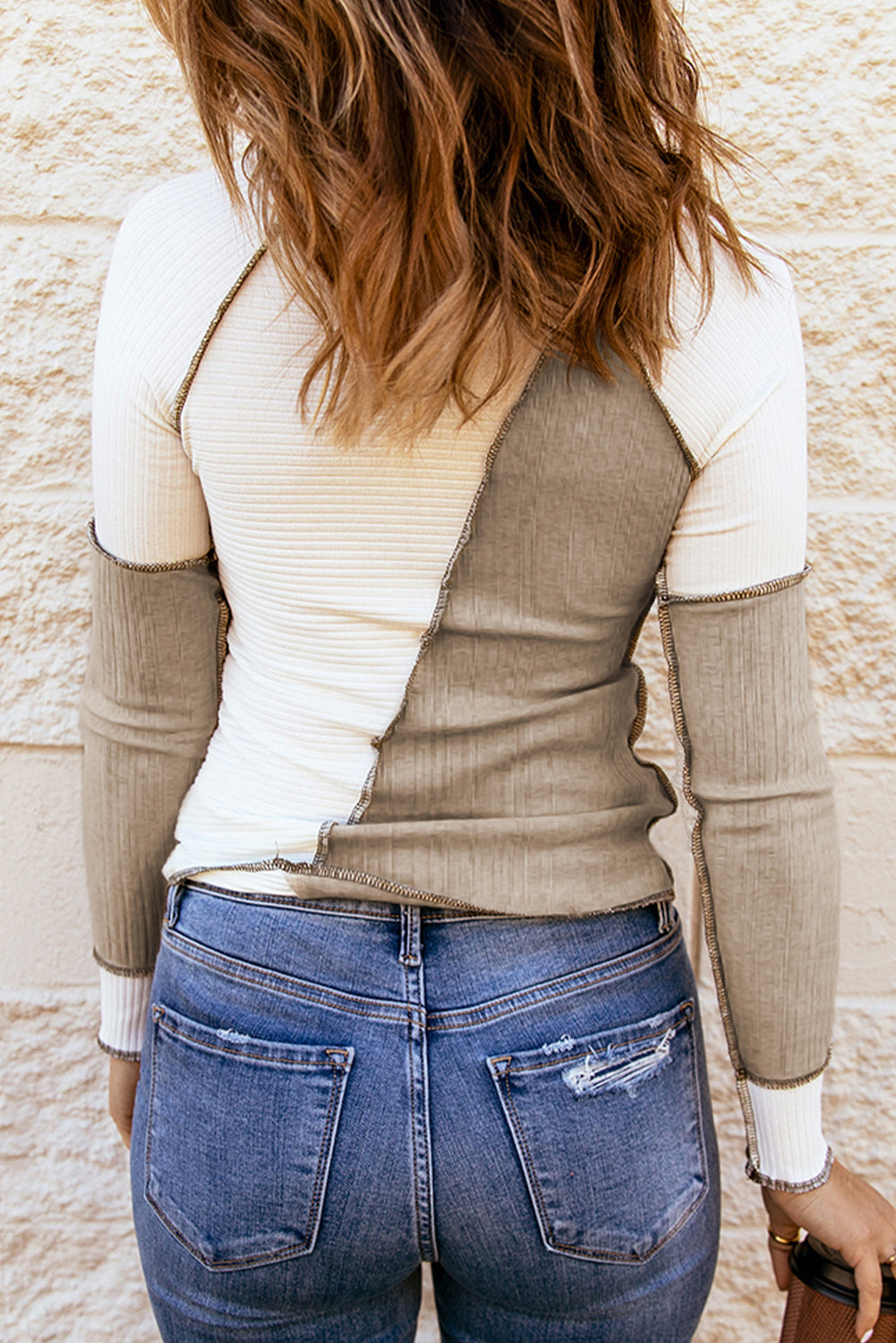 White Irregular Color Block Seaming Trim Rib Knit Top BB Fashion Outlet