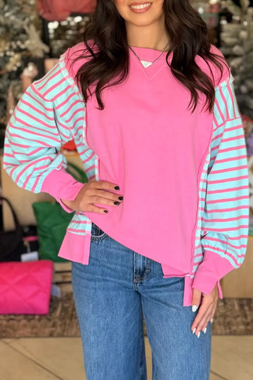 Colour Block Patchwork Relaxed Split Long Sleeve Top – Rose Stripe