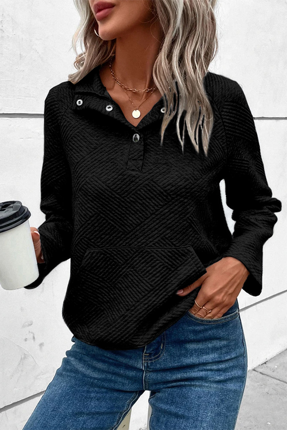 Laurel Green Textured Knit Buttoned Kangaroo Pocket Sweatshirt eAura