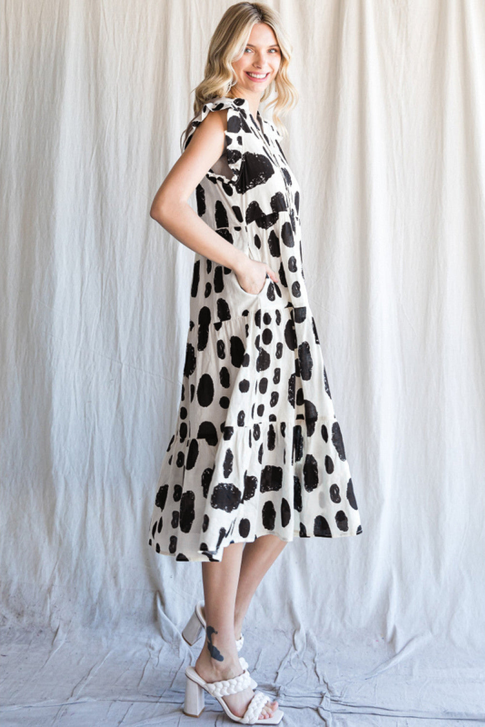 White Polka Dot Print Ruffled Sleeve Pocketed Plus Size Midi Dress BB Fashion Outlet