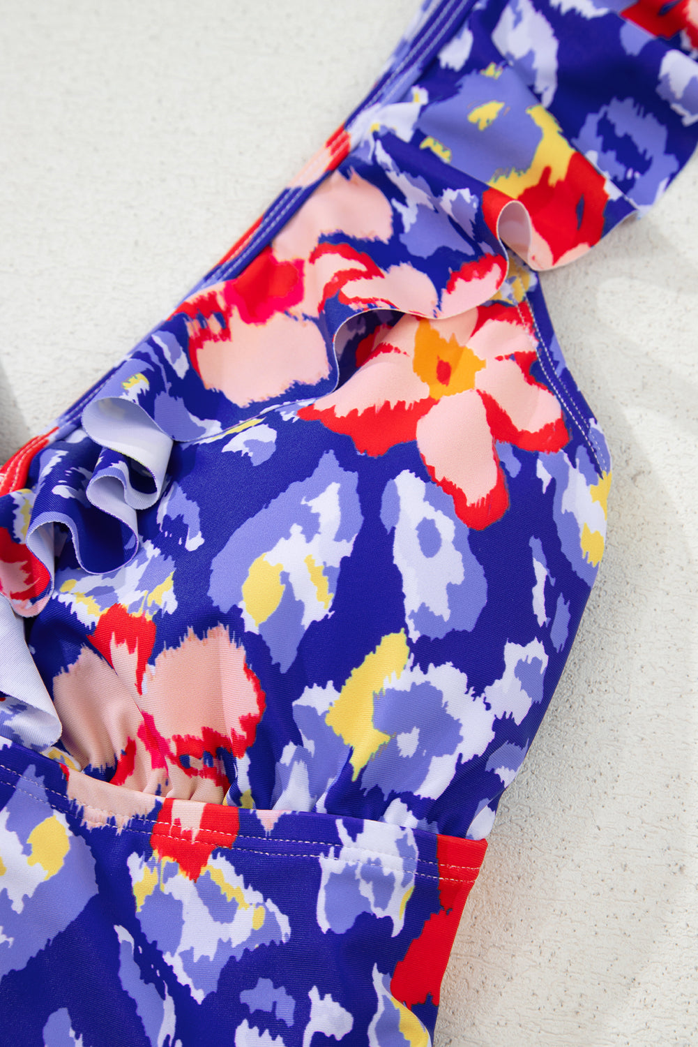 Blue Floral Ruffle Trim V Neck Lace-up Back Tummy Control One Piece Swimsuit eAura