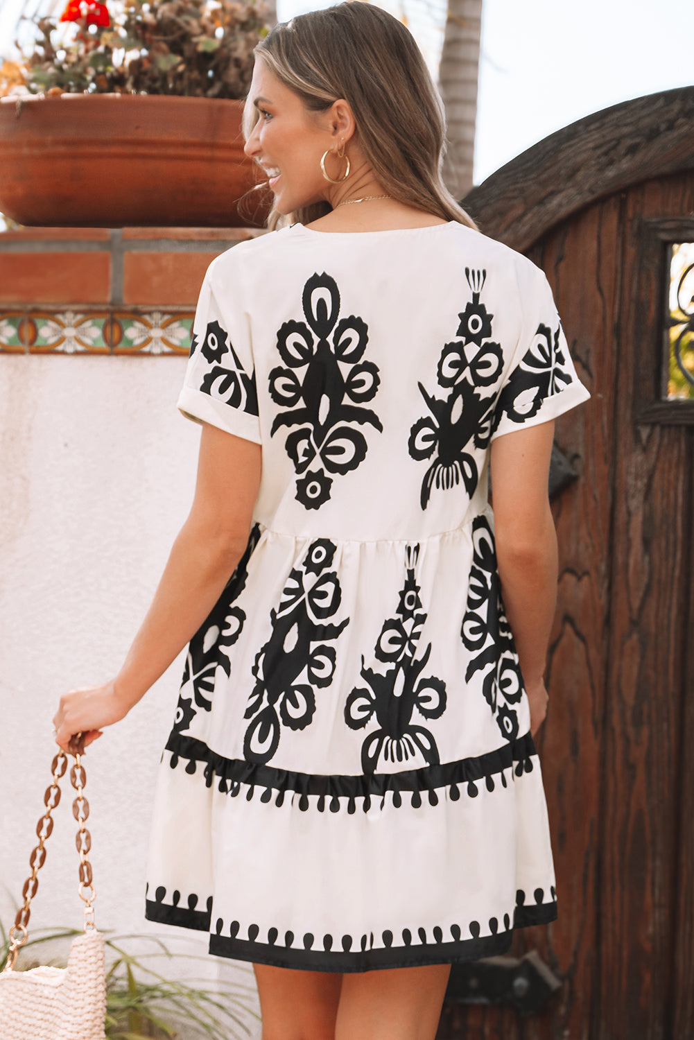 Black Vintage Print V Neck High Waist Short Sleeve Dress eAura