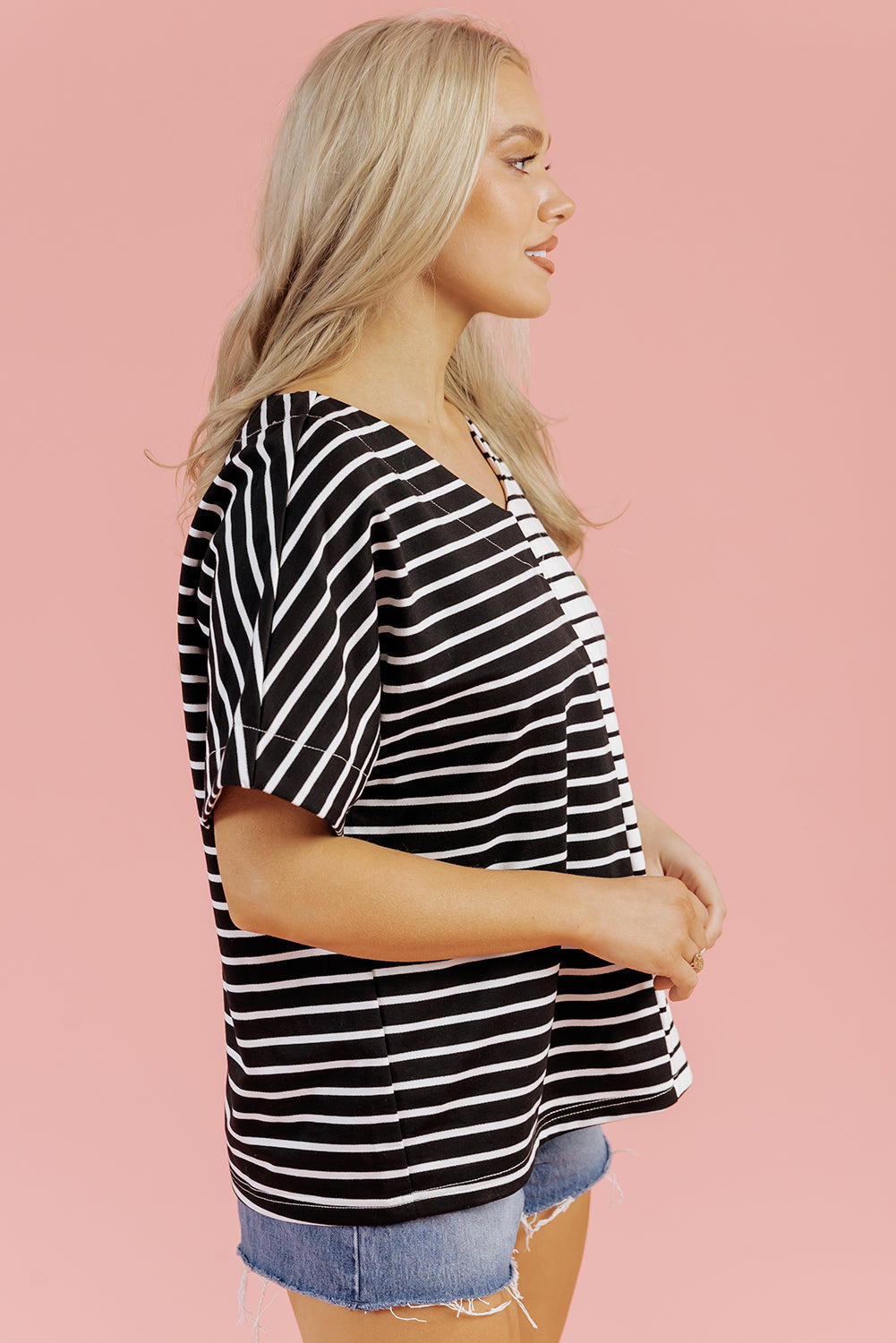 Black Stripe Two Tone Colorblock V Neck T Shirt BB Fashion Outlet