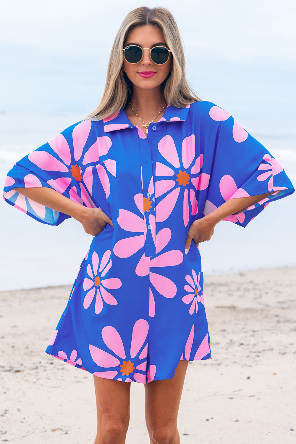 Blue Summer Flower Print Shirt Collar Button Front Loose Romper Dear-Lover Dropshipping