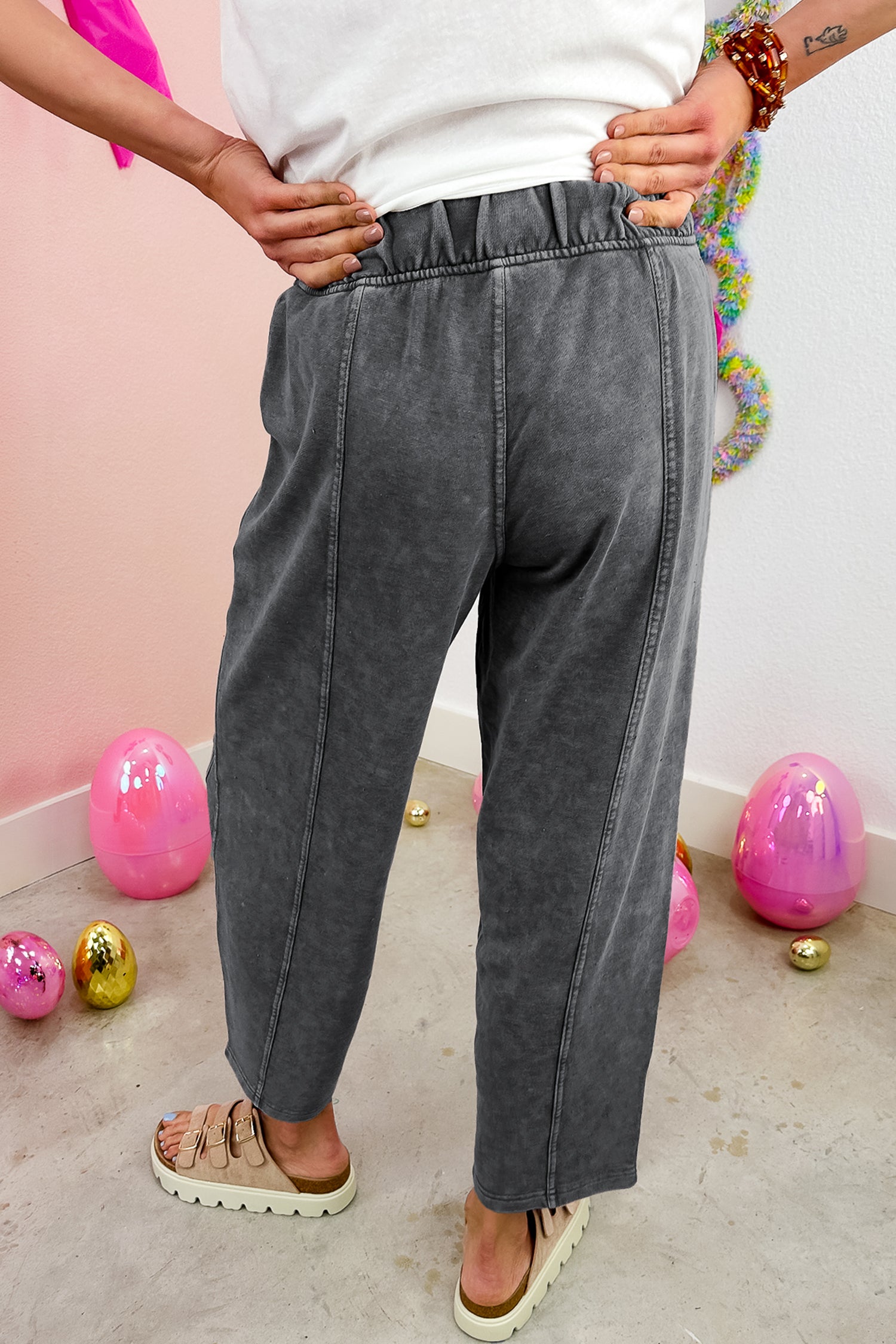 Mineral Wash Seam Detail Elastic Waist Barrel Pants – Carbon Grey