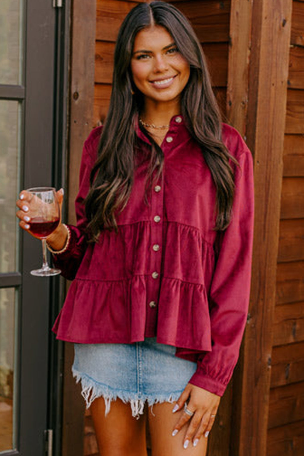 Burgundy Corduroy Ruffle Tiered Buttoned O Neck Shirt eAura