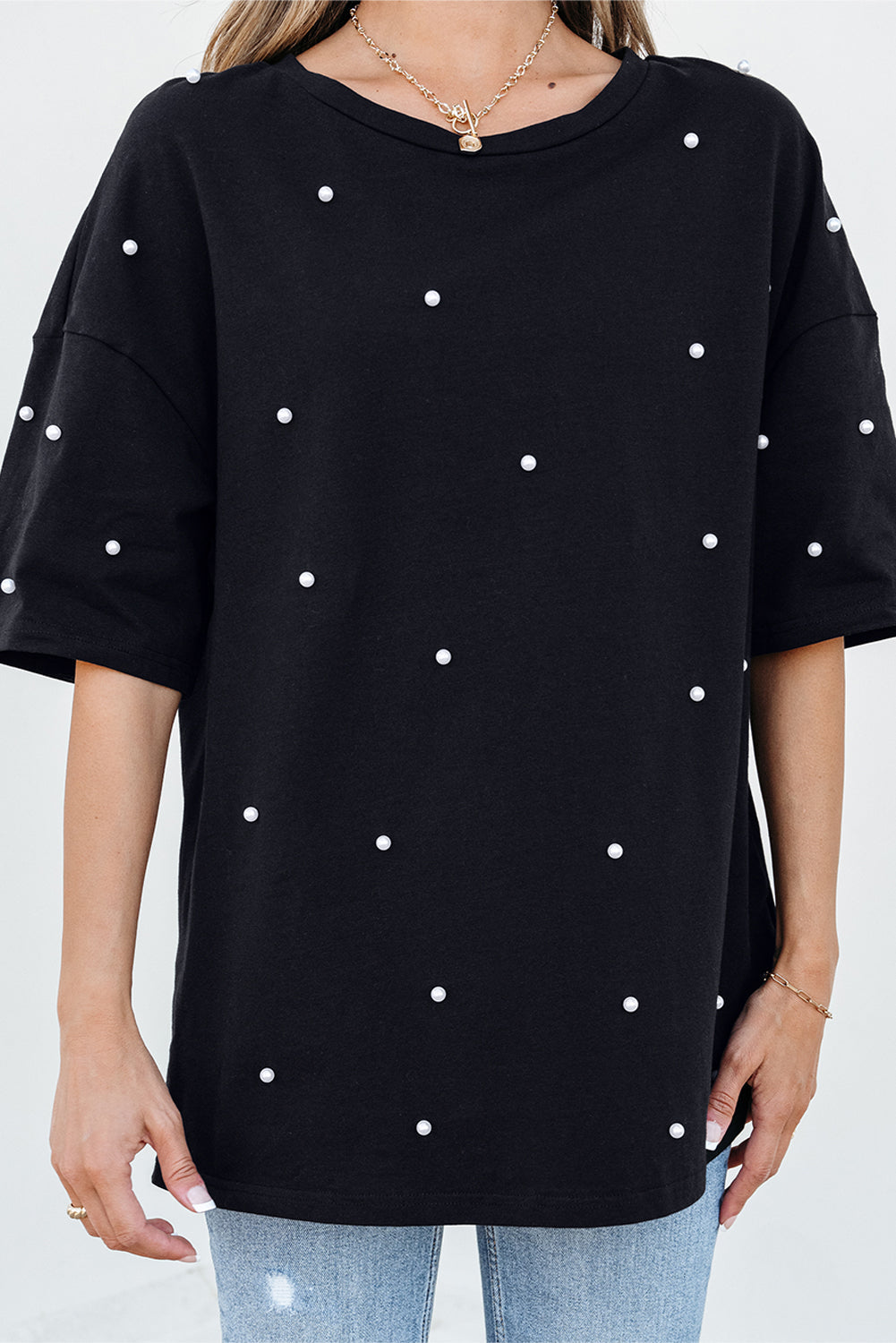Black Pearl Beaded Drop Shoulder Crewneck T Shirt eAura