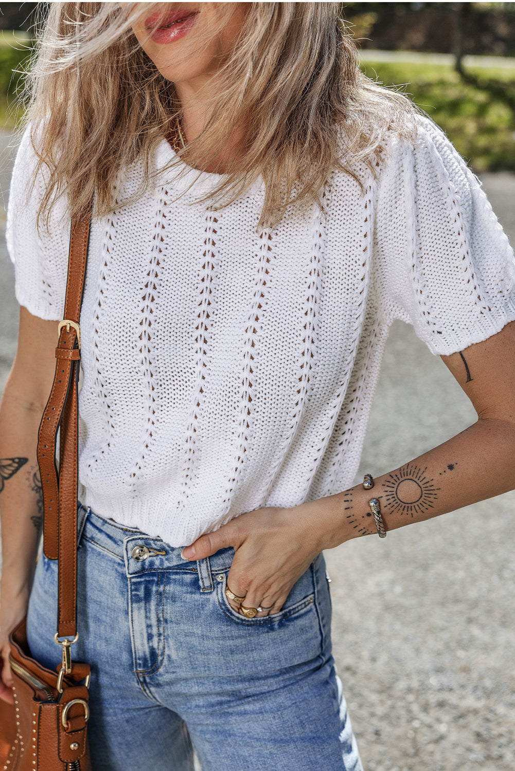 White Pointelle Knit Short Puff Sleeve Crewneck Sweater eAura