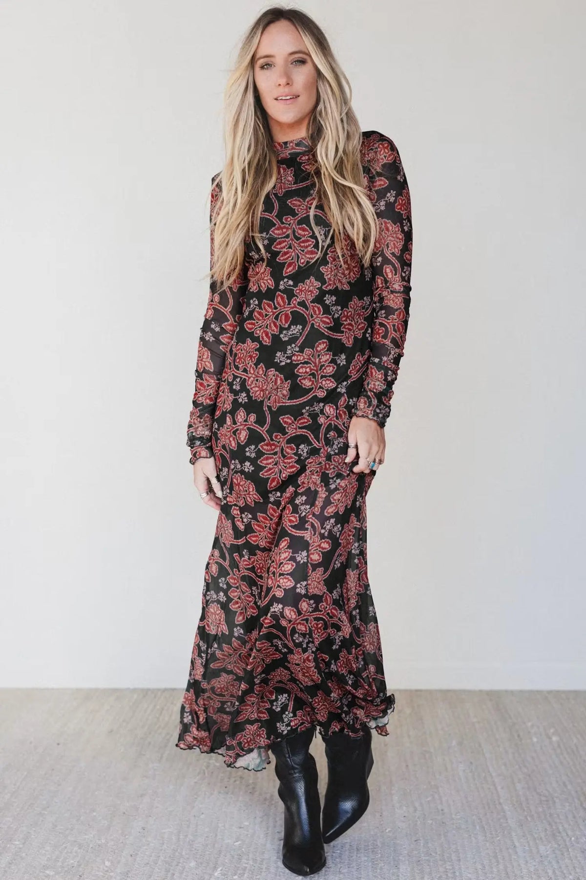 Retro Floral Print Long Sleeve Casual Mesh Dress – Black