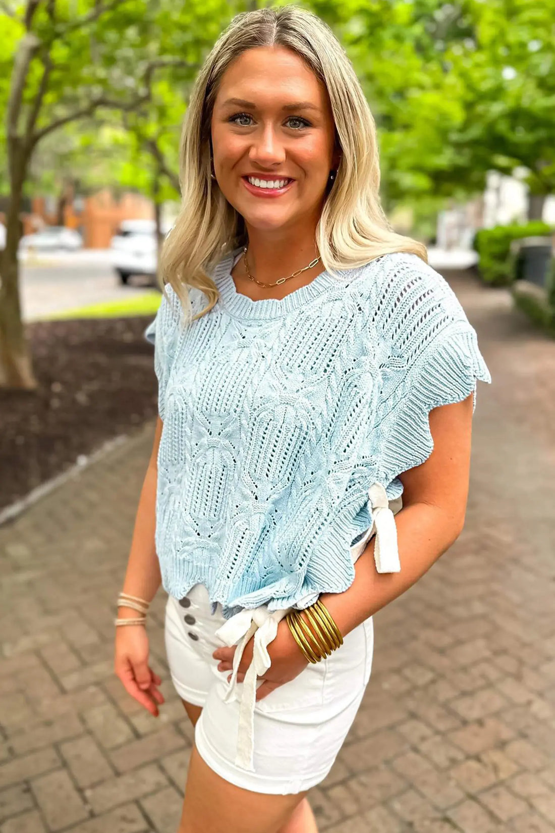 Pointelle Knit Scalloped Trim Short Sleeve Sweater