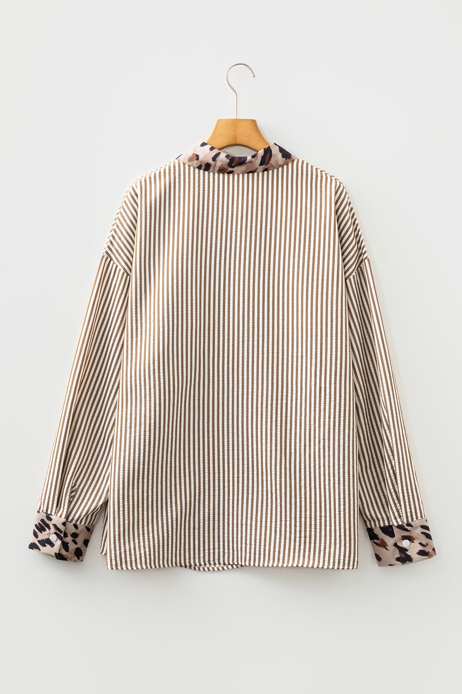 Stripe Leopard Patched Collared Chest Pocket Cuffed Long Sleeve Plus Size Shirt - Size/Plus Tops/Plus Blouses & Shirts
