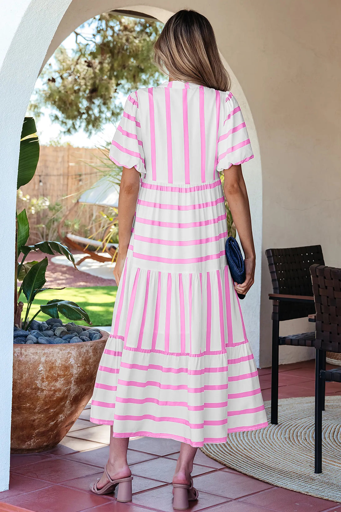 Stripe Ricrac Trim Puff Sleeve Midi Vacation Dress – Pink