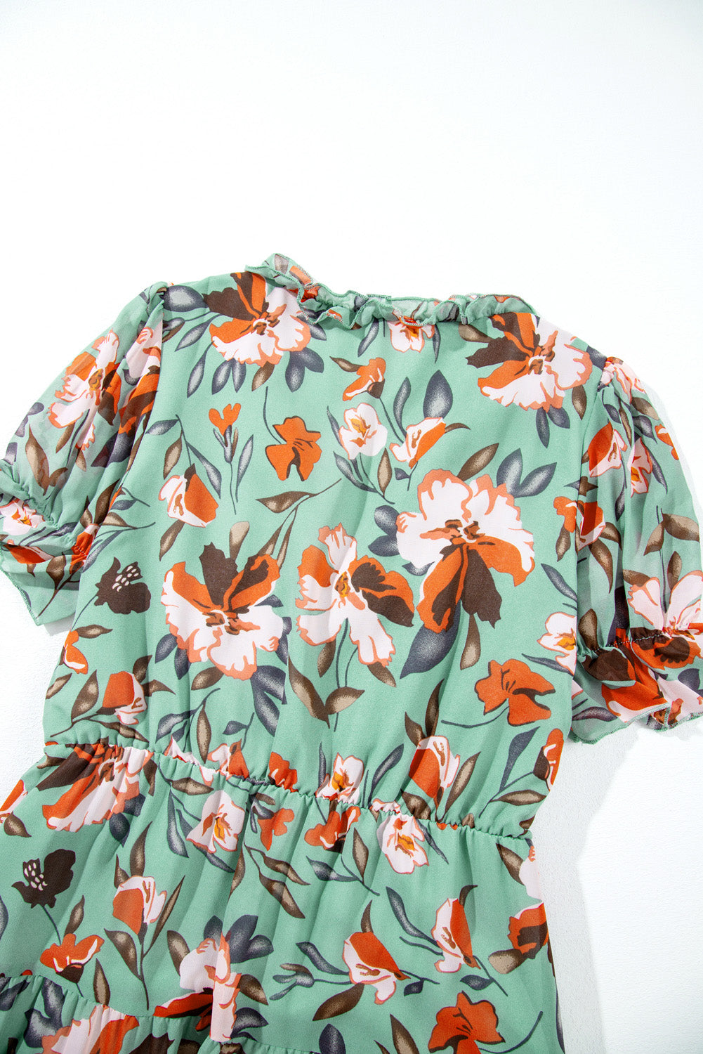 Floral Print Frilled V-Neck Short Sleeve Maxi Dress