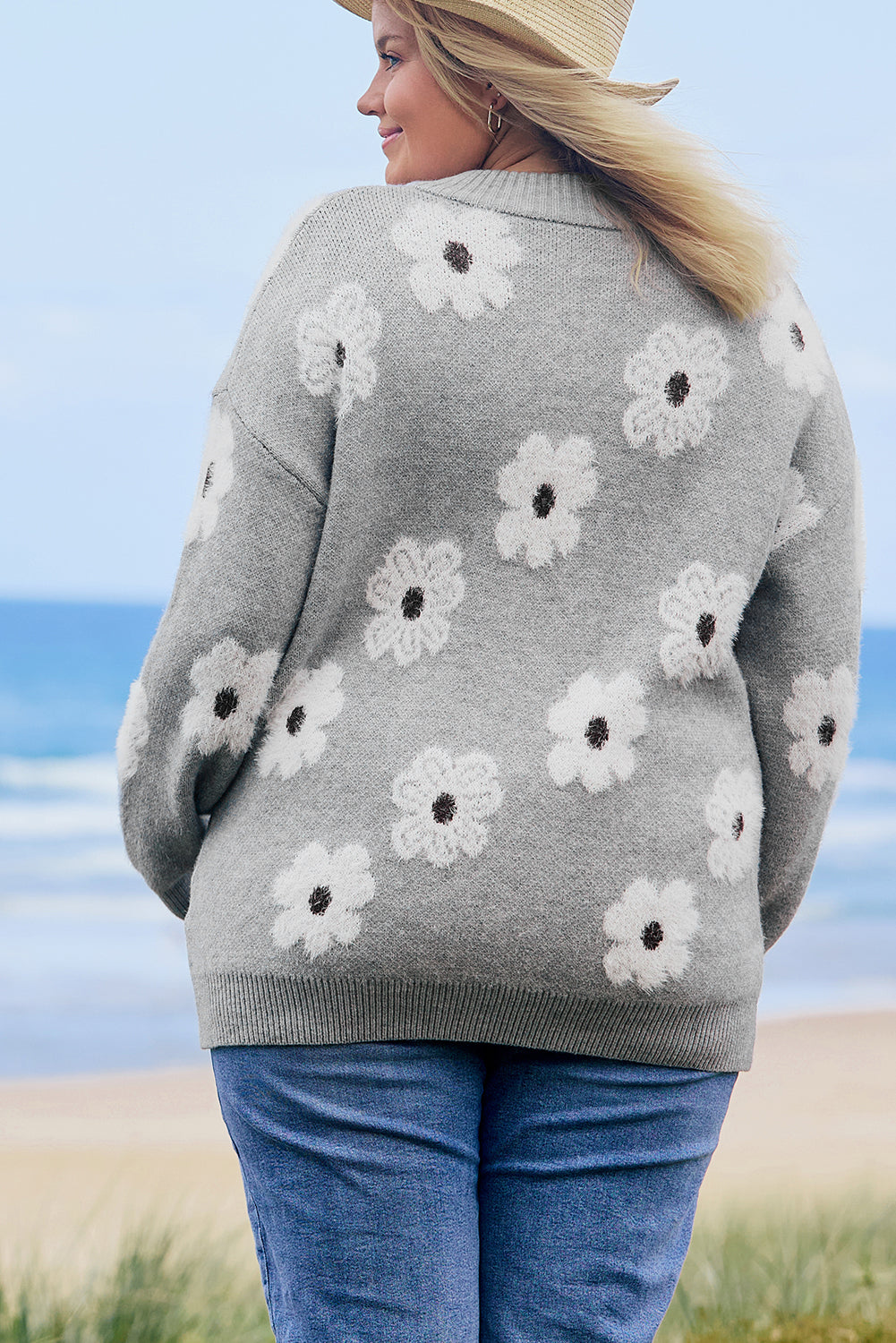 Grey Plus Size Embroidered Floral Pattern Half Zip Sweater Beagle Boutique Fashion Outlet
