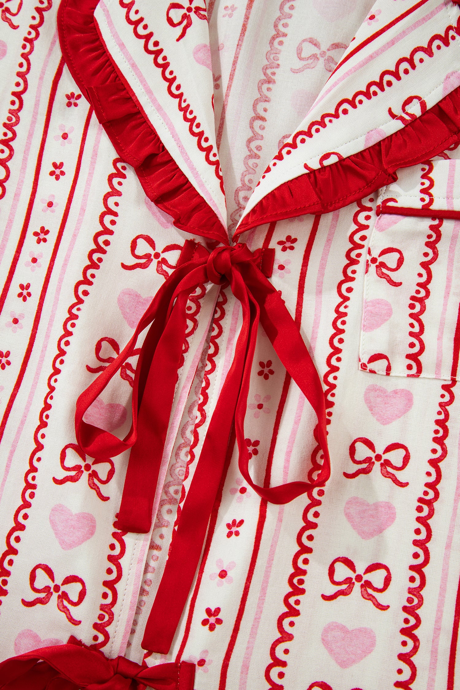 Sweet Floral Heart Bow Print Contrast Trim Long Sleeve Shirt Pajama Short Set – Red