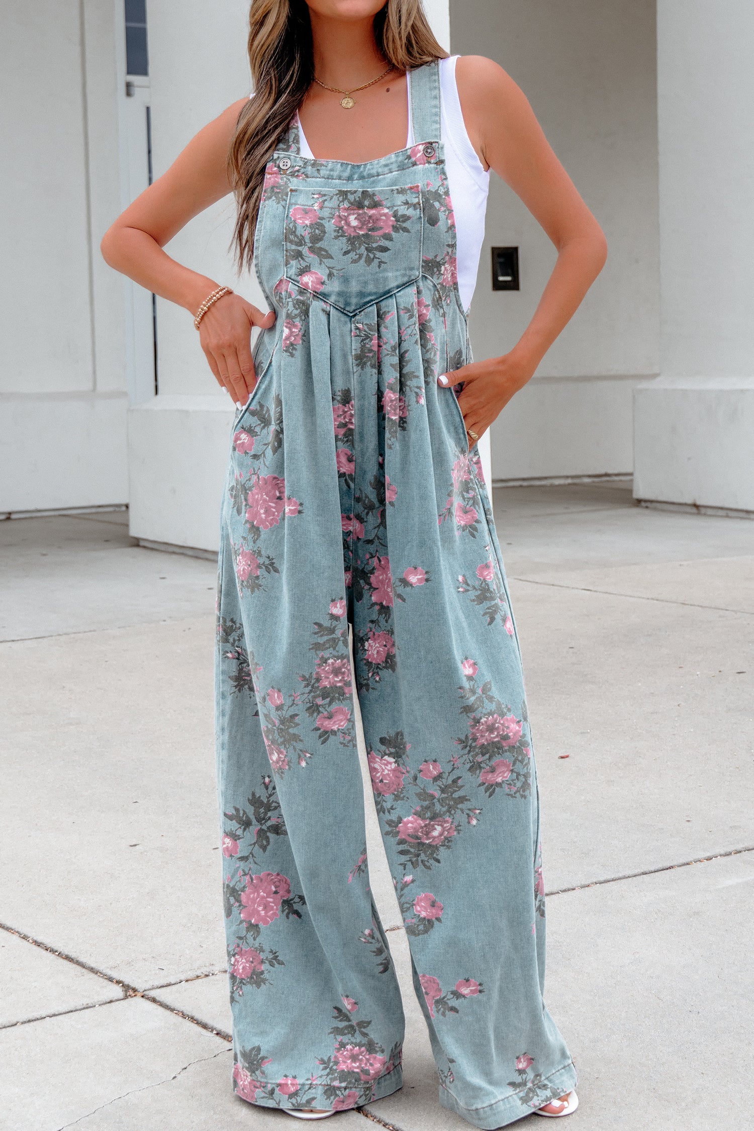 Floral Print Pleated Wide Leg Denim Jumpsuit – High Waist