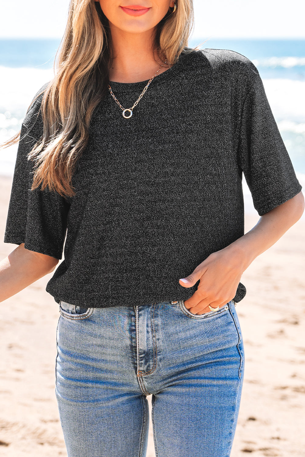 Black Bow Decor Glittery Short Sleeve Top eAura