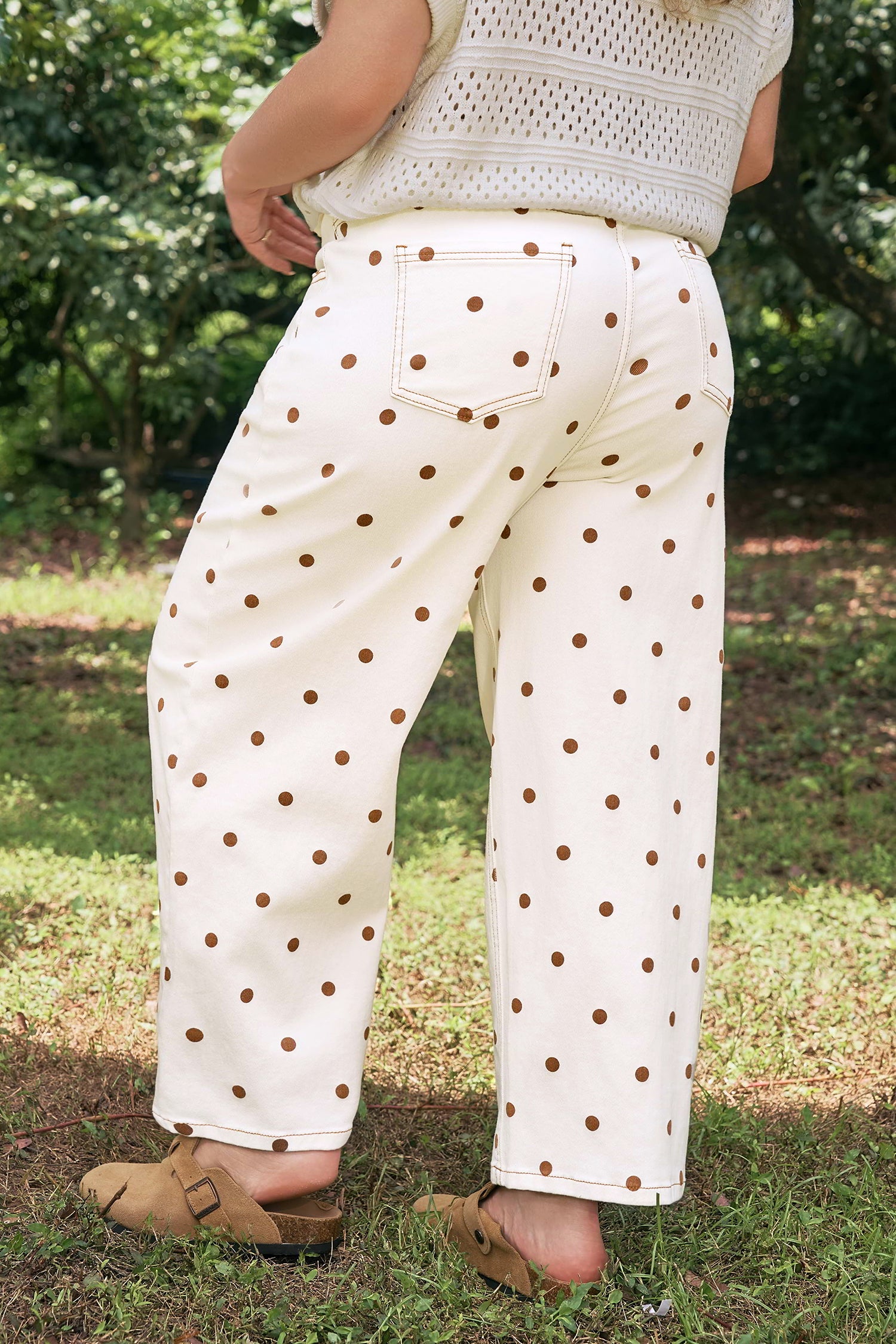 Polka Dot Print Plus Size Barrel Jeans – Beige