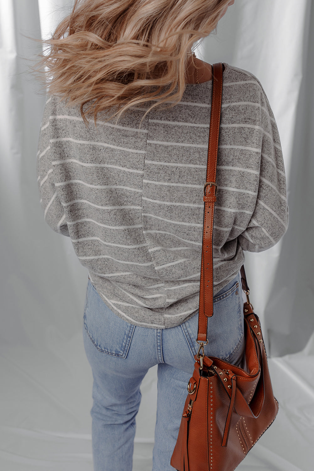 Grey Stripe Dolman Sleeve Drop Shoulder Top - eAura