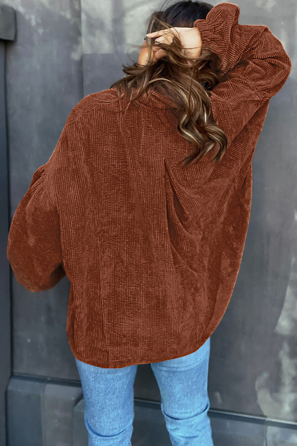Coffee Textured Corduroy Puff Sleeve Shacket eAura