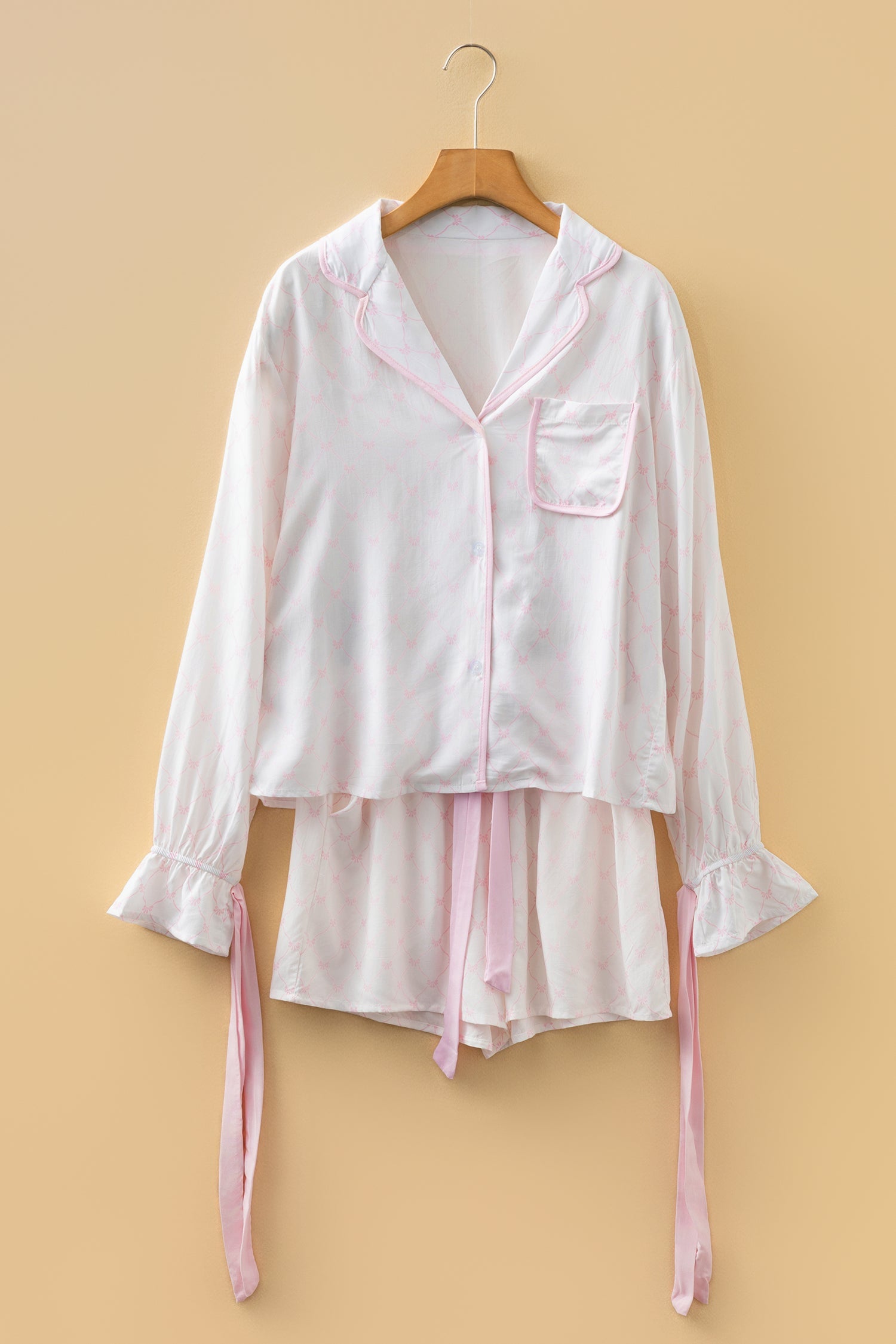 Pink Bow Lattice Print Bow Ties Pyjama Set - eAura