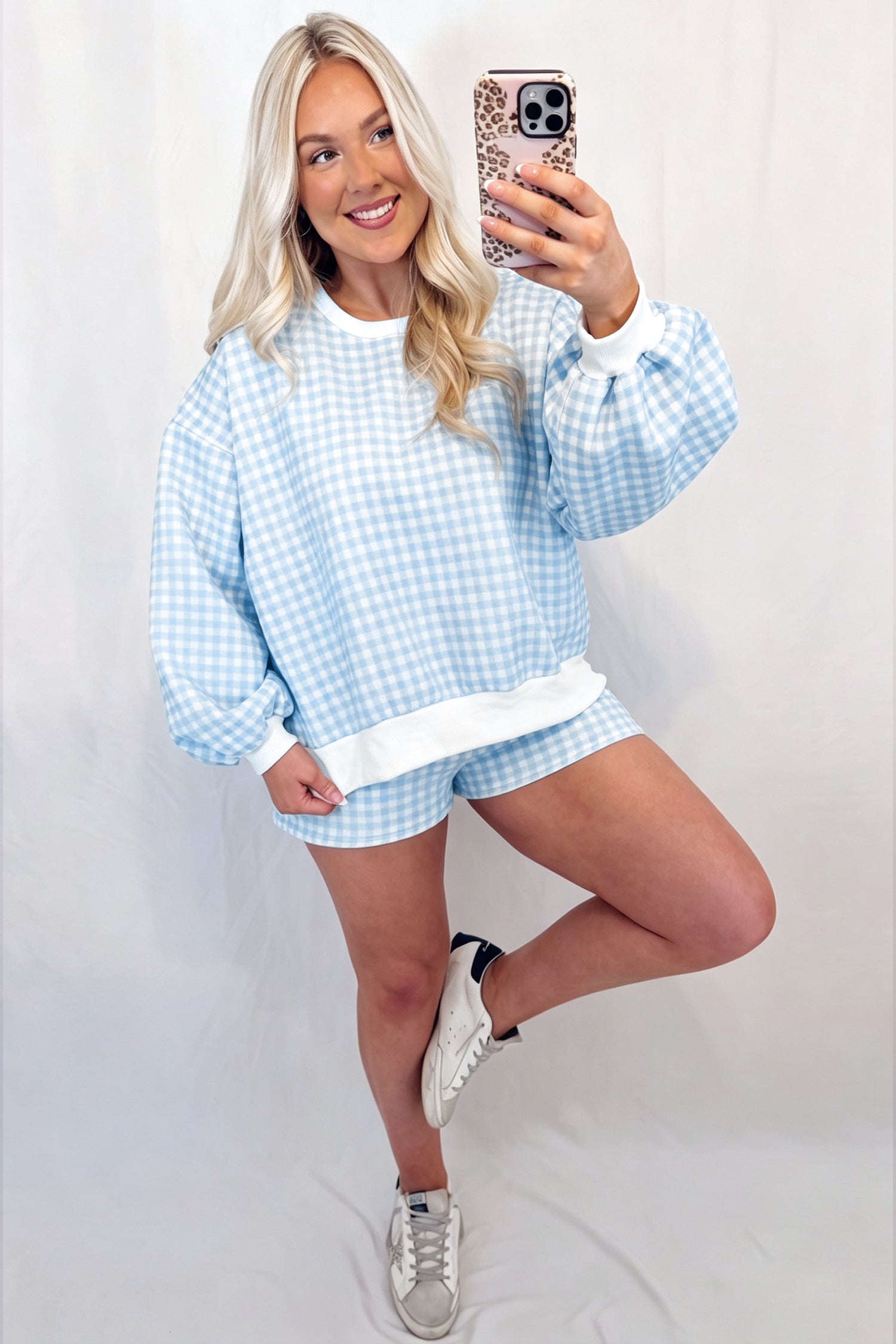 Plaid Baggy Pullover Drawstring Casual Shorts 2pcs Outfit – Pink