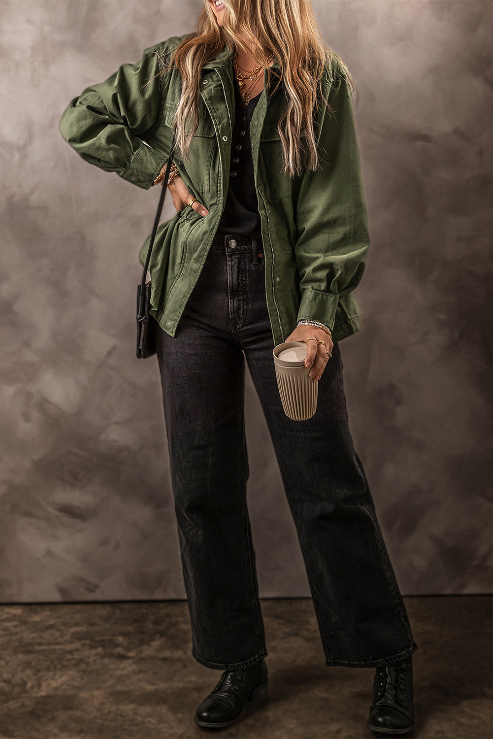 Moss Green Snap Button Zipper Tight Waist Collared Jacket eAura