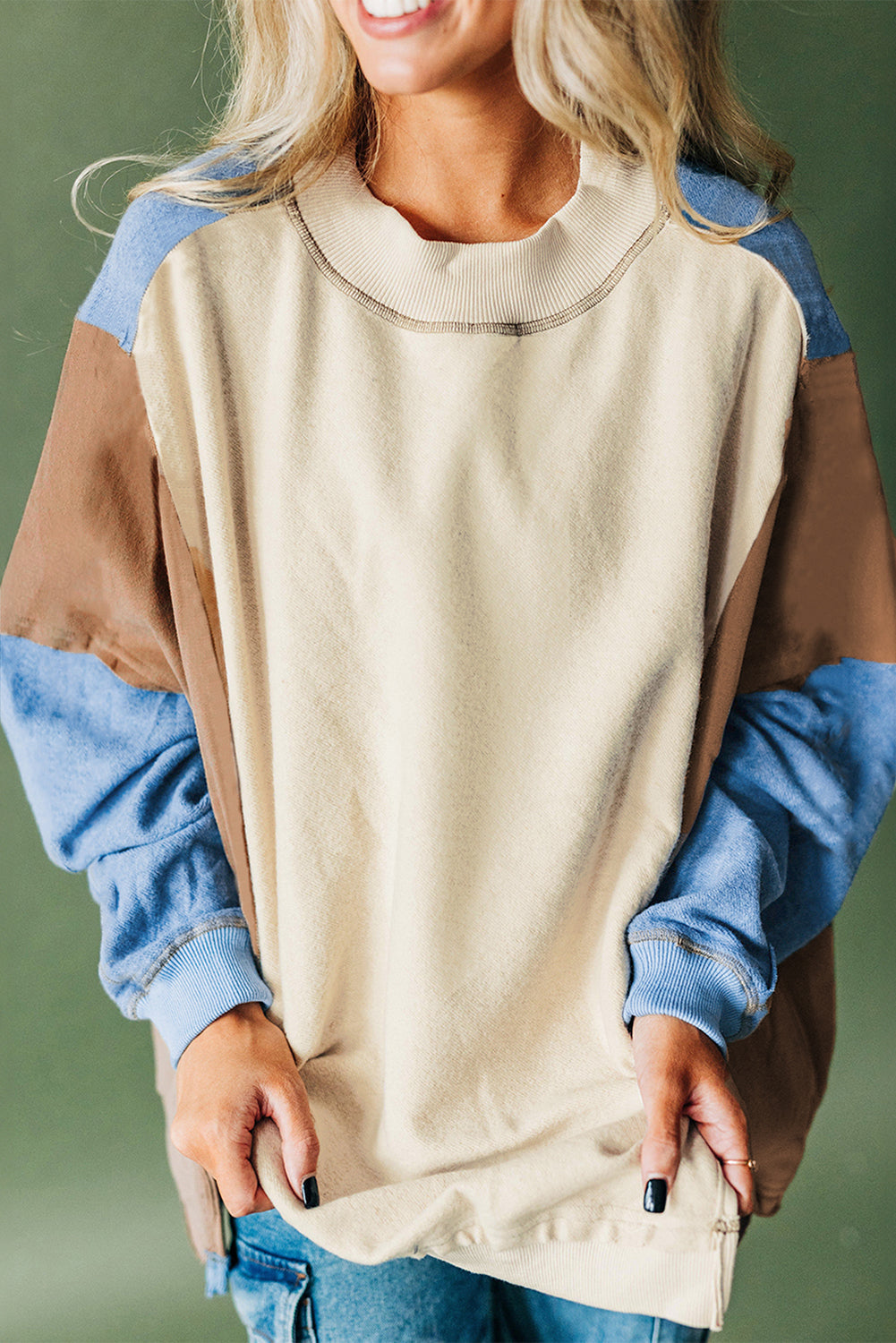 Sky Blue Ribbed Detail Colour Block Sleeve Baggy Sweatshirt eAura
