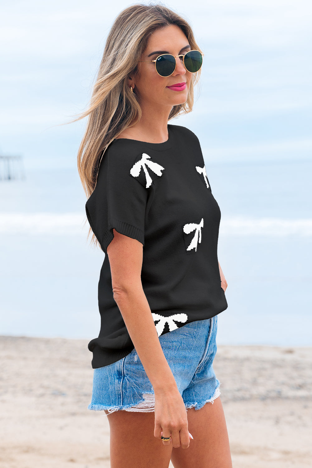Bow Pattern Knit Short Sleeve Black Sweater eAura