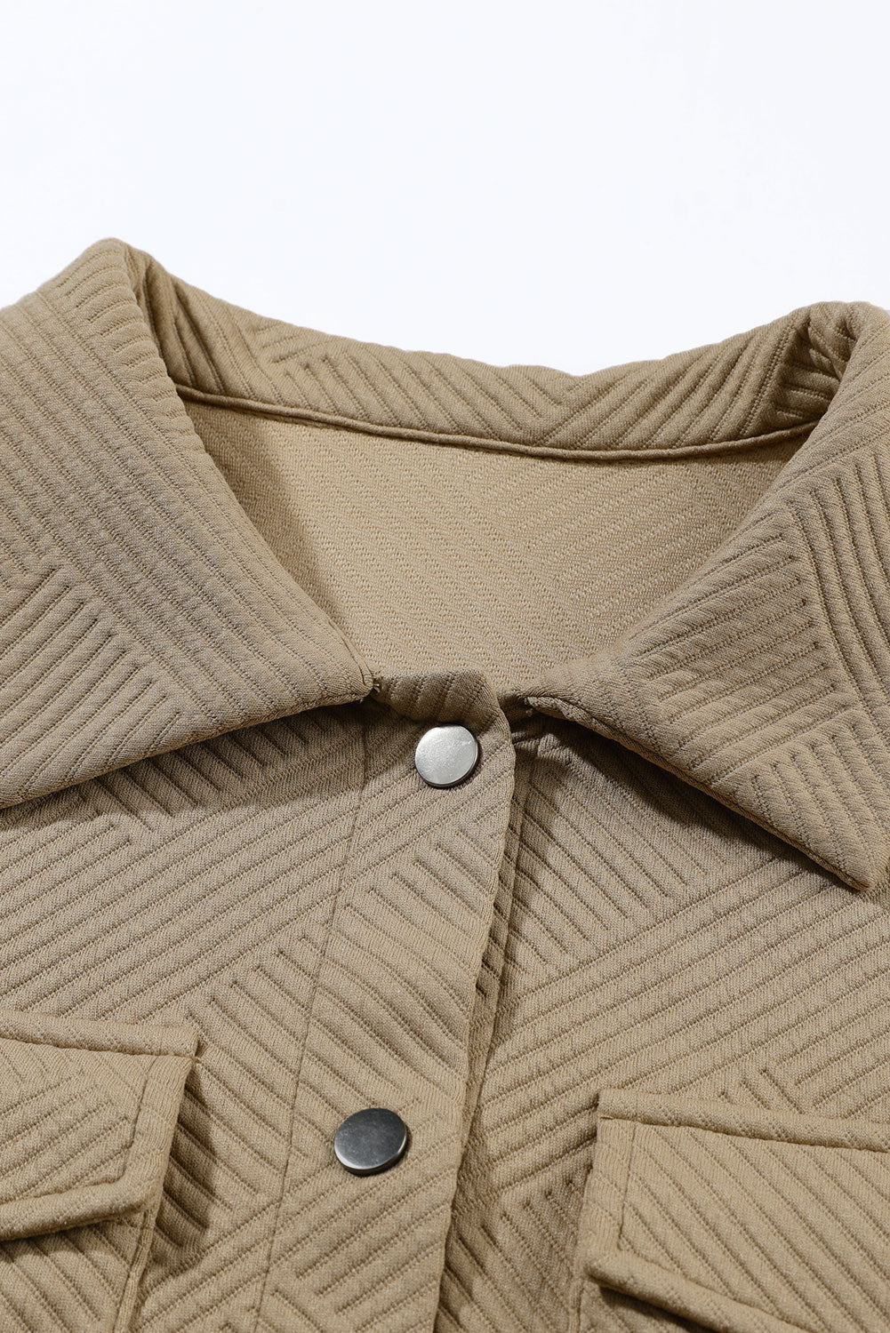 Khaki Solid Textured Flap Pocket Buttoned Shacket Beagle Boutique Fashion Outlet