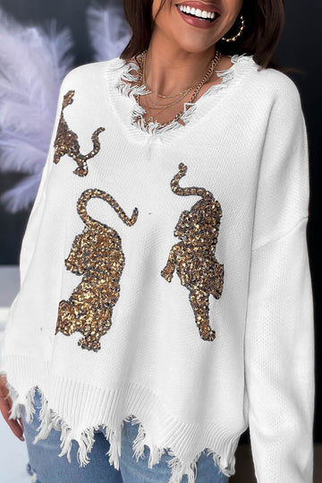 White Frayed Sequin Tiger Sweater eAura