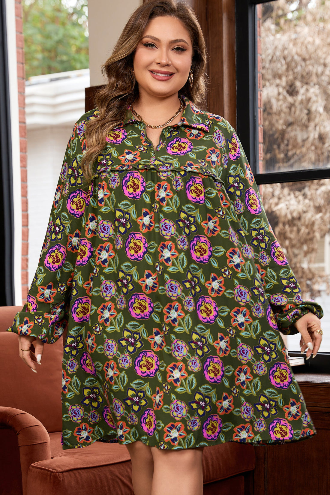 Plus Size Floral Print Collared V-Neck Loose Mini Dress - eAura